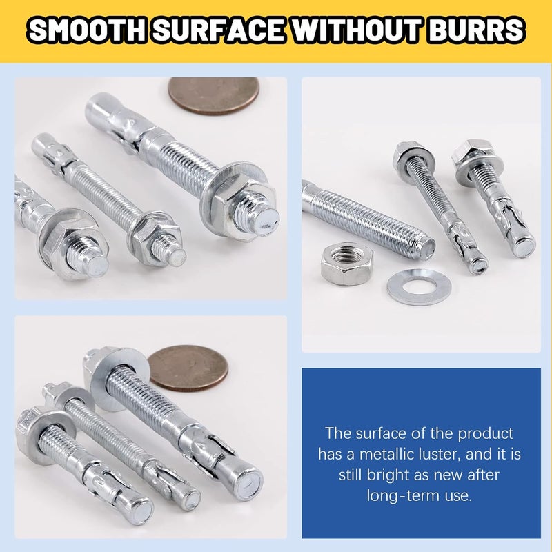 Glarks 24Pcs 3 Sizes 1/2"x 3"-3/4", 3/8" x 2-3/4", 5/16" x 3-1/2" Wedge Anchor Zinc Plated Heavy Duty Fastener Assortment Kit for Concrete - Image 5